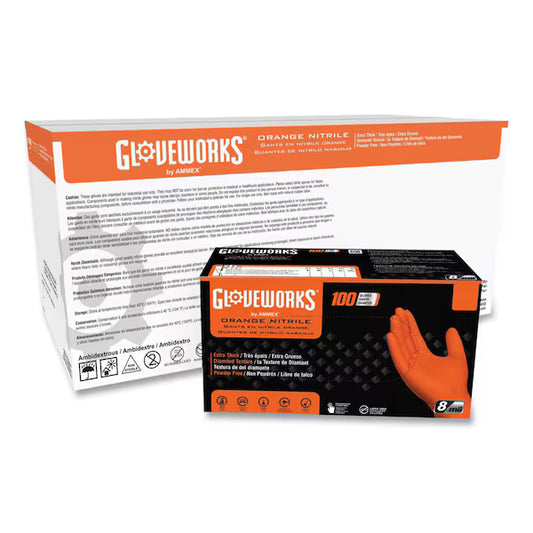 Gloveworks HD Orange Nitrile PF Ind Gloves - Box of 100